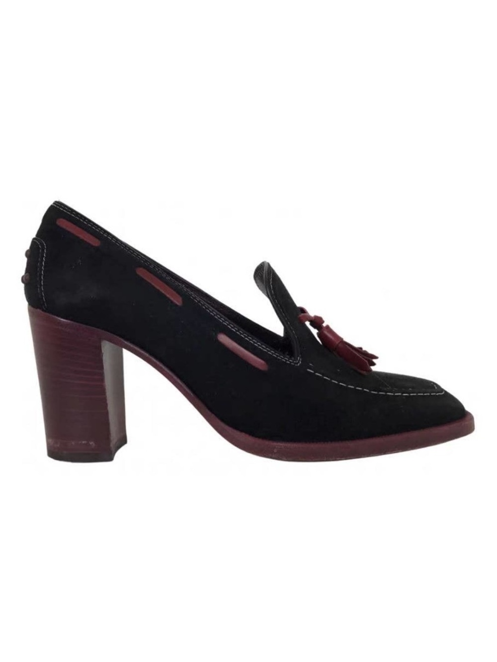 Tods Suede Kiltie Tassel Loafer Pumps Black Red Block Heel 36 US 6 Made in Italy